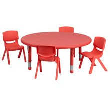 45'' Round Red Plastic Height Adjustable Activity Table Set with 4 Chairs [FLF-YU-YCX-0053-2-ROUND-TBL-RED-E-GG]