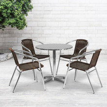 Lila 27.5'' Round Aluminum Indoor-Outdoor Table Set with 4 Dark Brown Rattan Chairs [FLF-TLH-ALUM-28RD-020CHR4-GG]
