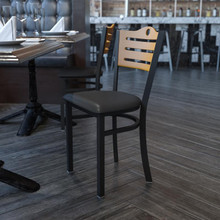 HERCULES Series Black Slat Back Metal Restaurant Chair - Natural Wood Back, Black Vinyl Seat [FLF-XU-DG-6G7B-SLAT-BLKV-GG]