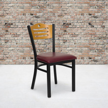 HERCULES Series Black Slat Back Metal Restaurant Chair - Natural Wood Back, Burgundy Vinyl Seat [FLF-XU-DG-6G7B-SLAT-BURV-GG]