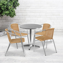Lila 27.5'' Round Aluminum Indoor-Outdoor Table Set with 4 Beige Rattan Chairs [FLF-TLH-ALUM-28RD-020BGECHR4-GG]