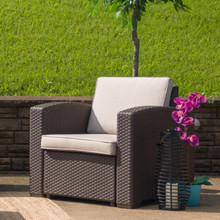 Seneca Chocolate Brown Faux Rattan Chair with All-Weather Beige Cushion [FLF-DAD-SF1-1-GG]