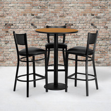 30'' Round Natural Laminate Table Set with 3 Grid Back Metal Barstools - Black Vinyl Seat [FLF-MD-0016-GG]
