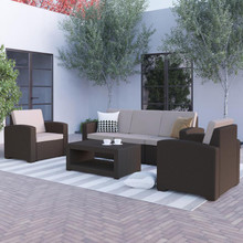Seneca 4 Piece Outdoor Faux Rattan Chair, Sofa and Table Set in Seneca Chocolate Brown [FLF-DAD-SF-113R-CBN-GG]