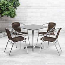 Lila 27.5'' Square Aluminum Indoor-Outdoor Table Set with 4 Dark Brown Rattan Chairs [FLF-TLH-ALUM-28SQ-020CHR4-GG]