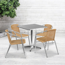 Lila 27.5'' Square Aluminum Indoor-Outdoor Table Set with 4 Beige Rattan Chairs [FLF-TLH-ALUM-28SQ-020BGECHR4-GG]