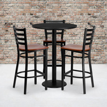 30'' Round Black Laminate Table Set with 3 Ladder Back Metal Barstools - Cherry Wood Seat [FLF-MD-0013-GG]