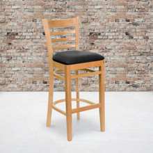 HERCULES Series Ladder Back Natural Wood Restaurant Barstool - Black Vinyl Seat [FLF-XU-DGW0005BARLAD-NAT-BLKV-GG]