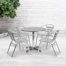 Lila 31.5'' Round Aluminum Indoor-Outdoor Table Set with 4 Slat Back Chairs [FLF-TLH-ALUM-32RD-017BCHR4-GG]