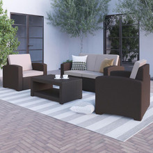 Seneca 4 Piece Outdoor Faux Rattan Chair, Loveseat and Table Set in Seneca Chocolate Brown [FLF-DAD-SF-112T-CBN-GG]