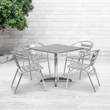 Lila 31.5'' Square Aluminum Indoor-Outdoor Table Set with 4 Slat Back Chairs [FLF-TLH-ALUM-32SQ-017BCHR4-GG]