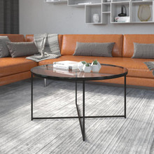 Greenwich Collection Coffee Table - Modern Clear Glass Accent Table with Crisscross Matte Black Frame [FLF-NAN-JH-1786CT-BK-GG]