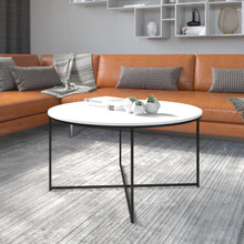 Hampstead Collection Coffee Table - Modern White Finish Accent Table with Crisscross Matte Black Frame [FLF-NAN-JH-1787CT-BK-GG]