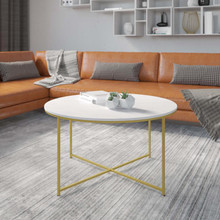Hampstead Collection Coffee Table - Modern White Marble Finish Accent Table with Crisscross Brushed Gold Frame [FLF-NAN-JH-1787CT-MRBL-GG]