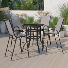 Brazos Outdoor Dining Set - 4-Person Bistro Set - Brazos Outdoor Glass Bar Table with Gray All-Weather Patio Stools [FLF-TLH-073H092H4-GR-GG]