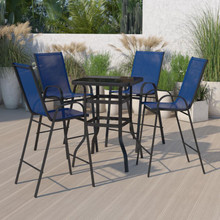 Brazos Outdoor Dining Set - 4-Person Bistro Set - Brazos Outdoor Glass Bar Table with Navy All-Weather Patio Stools [FLF-TLH-073H092H4-NV-GG]