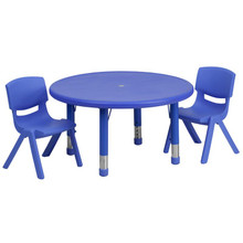 33'' Round Blue Plastic Height Adjustable Activity Table Set with 2 Chairs [FLF-YU-YCX-0073-2-ROUND-TBL-BLUE-R-GG]