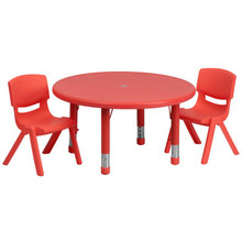 33'' Round Red Plastic Height Adjustable Activity Table Set with 2 Chairs [FLF-YU-YCX-0073-2-ROUND-TBL-RED-R-GG]