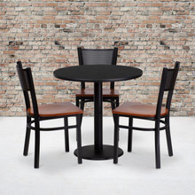 30'' Round Black Laminate Table Set with 3 Grid Back Metal Chairs - Cherry Wood Seat [FLF-MD-0007-GG]