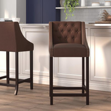 Carmel Series 30" High Transitional Tufted Walnut Barstool with Accent Nail Trim in Brown Fabric [FLF-CH-182020-T-30-BN-F-GG]
