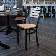HERCULES Series Black Slat Back Metal Restaurant Chair - Natural Wood Back & Seat [FLF-XU-DG-6G7B-SLAT-NATW-GG]