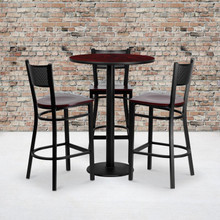 30'' Round Mahogany Laminate Table Set with 3 Grid Back Metal Barstools - Mahogany Wood Seat [FLF-MD-0017-GG]