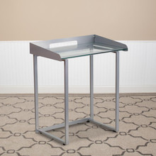 Contemporary Clear Tempered Glass Desk with Raised Cable Management Border and Silver Metal Frame [FLF-NAN-YLCD1234-GG]