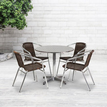 Lila 31.5'' Round Aluminum Indoor-Outdoor Table Set with 4 Dark Brown Rattan Chairs [FLF-TLH-ALUM-32RD-020CHR4-GG]
