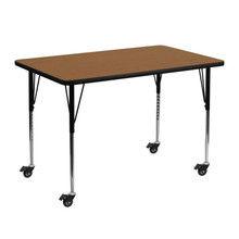 Wren Mobile 30''W x 48''L Rectangular Oak Thermal Laminate Activity Table - Standard Height Adjustable Legs [FLF-XU-A3048-REC-OAK-T-A-CAS-GG]