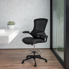 Mid-Back Black Mesh Ergonomic Drafting Chair with Adjustable Foot Ring and Flip-Up Arms [FLF-BL-X-5M-D-GG]