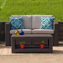Seneca Chocolate Brown Faux Rattan Loveseat with All-Weather Beige Cushions [FLF-DAD-SF1-2-GG]