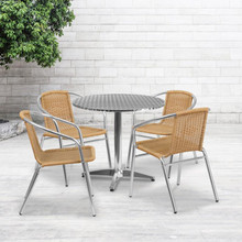 Lila 31.5'' Round Aluminum Indoor-Outdoor Table Set with 4 Beige Rattan Chairs [FLF-TLH-ALUM-32RD-020BGECHR4-GG]