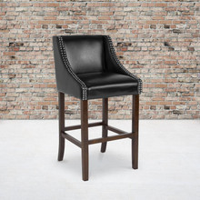 Carmel Series 30" High Transitional Walnut Barstool with Accent Nail Trim in Black LeatherSoft [FLF-CH-182020-30-BK-GG]