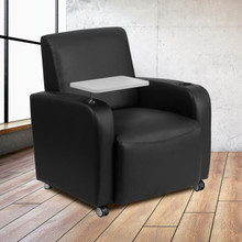 Black LeatherSoft Guest Chair with Tablet Arm, Front Wheel Casters and Cup Holder [FLF-BT-8217-BK-CS-GG]