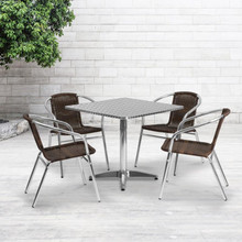 Lila 31.5'' Square Aluminum Indoor-Outdoor Table Set with 4 Dark Brown Rattan Chairs [FLF-TLH-ALUM-32SQ-020CHR4-GG]