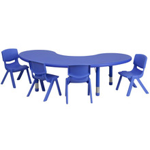 35''W x 65''L Half-Moon Blue Plastic Height Adjustable Activity Table Set with 4 Chairs [FLF-YU-YCX-0043-2-MOON-TBL-BLUE-E-GG]
