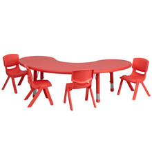 35''W x 65''L Half-Moon Red Plastic Height Adjustable Activity Table Set with 4 Chairs [FLF-YU-YCX-0043-2-MOON-TBL-RED-E-GG]