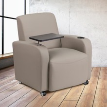 Gray LeatherSoft Guest Chair with Tablet Arm, Front Wheel Casters and Cup Holder [FLF-BT-8217-GV-CS-GG]