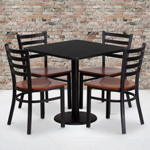 30'' Square Black Laminate Table Set with 4 Ladder Back Metal Chairs - Cherry Wood Seat [FLF-MD-0003-GG]
