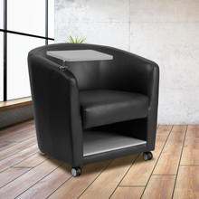 Black LeatherSoft Guest Chair with Tablet Arm, Chrome Legs and Under Seat Storage [FLF-BT-8220-BK-GG]