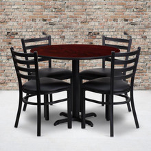 36'' Round Mahogany Laminate Table Set with X-Base and 4 Ladder Back Metal Chairs - Black Vinyl Seat [FLF-HDBF1030-GG]
