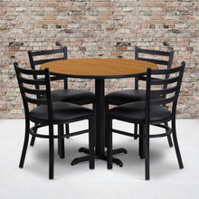 36'' Round Natural Laminate Table Set with X-Base and 4 Ladder Back Metal Chairs - Black Vinyl Seat [FLF-HDBF1031-GG]