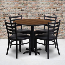36'' Round Walnut Laminate Table Set with X-Base and 4 Ladder Back Metal Chairs - Black Vinyl Seat [FLF-HDBF1032-GG]