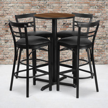 24'' Round Walnut Laminate Table Set with X-Base and 4 Two-Slat Ladder Back Metal Barstools - Black Vinyl Seat [FLF-HDBF1036-GG]