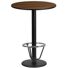 24'' Round Walnut Laminate Table Top with 18'' Round Bar Height Table Base and Foot Ring [FLF-XU-RD-24-WALTB-TR18B-3CFR-GG]