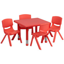 24'' Square Red Plastic Height Adjustable Activity Table Set with 4 Chairs [FLF-YU-YCX-0023-2-SQR-TBL-RED-E-GG]