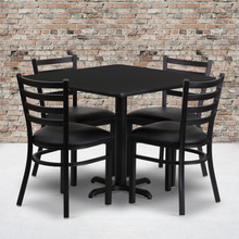 36'' Square Black Laminate Table Set with X-Base and 4 Ladder Back Metal Chairs - Black Vinyl Seat [FLF-HDBF1013-GG]