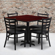 36'' Square Mahogany Laminate Table Set with X-Base and 4 Ladder Back Metal Chairs - Black Vinyl Seat [FLF-HDBF1014-GG]