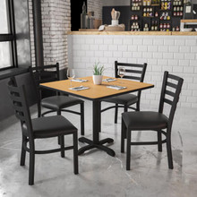 36'' Square Natural Laminate Table Set with X-Base and 4 Ladder Back Metal Chairs - Black Vinyl Seat [FLF-HDBF1015-GG]