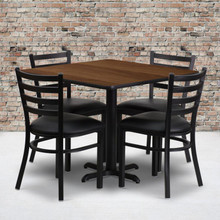 36'' Square Walnut Laminate Table Set with X-Base and 4 Ladder Back Metal Chairs - Black Vinyl Seat [FLF-HDBF1016-GG]